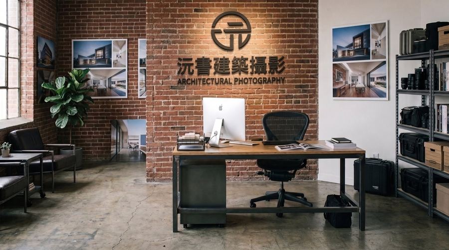 工作室的接待与办公区：砖墙上的工作室标志，前面是办公桌，墙上挂着建筑摄影作品
